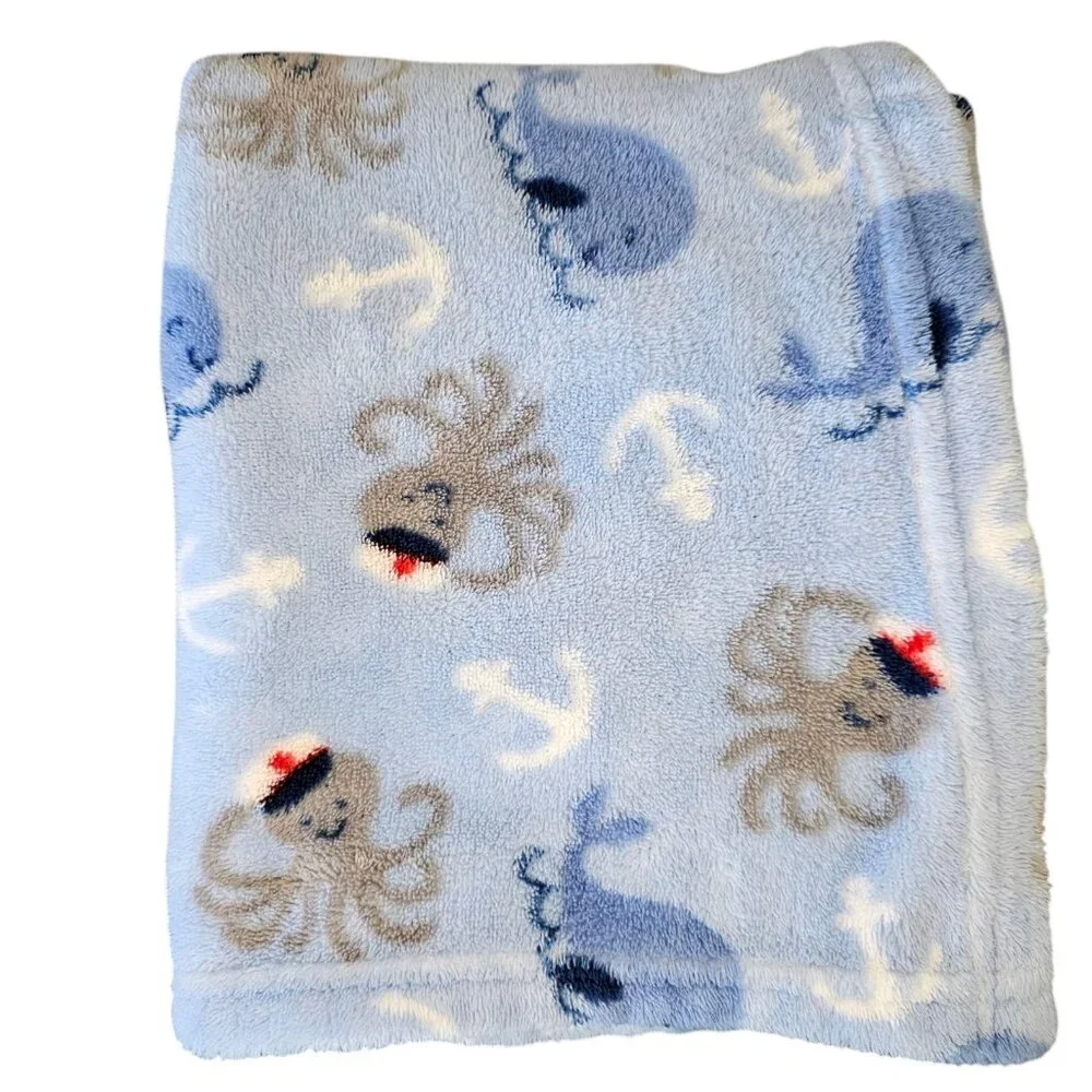 Parents Choice Walmart Blue Baby Blanket Octopus Sailor Hat Captain Whale Anchor